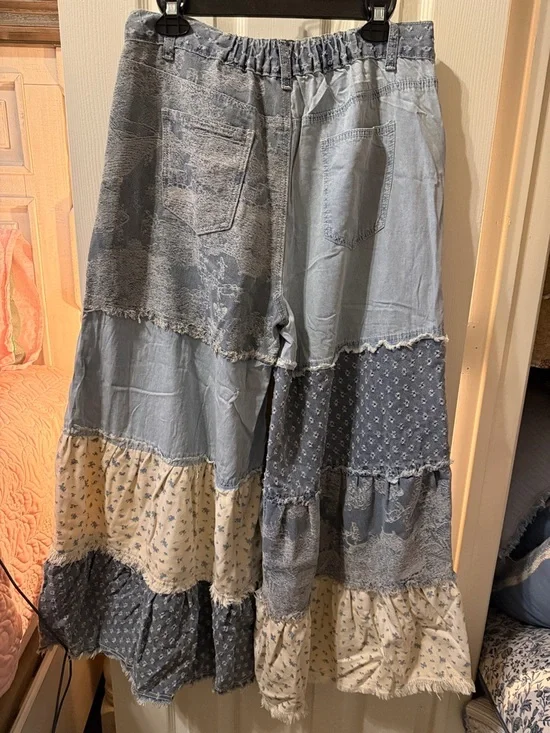 POL Patchwork Flare Boho Pants in Light Blue and Cream - Picture 10 of 10